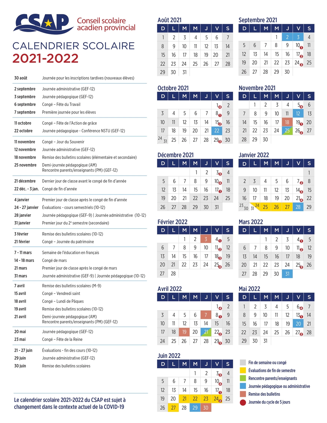 Calendrier 2021 2022
